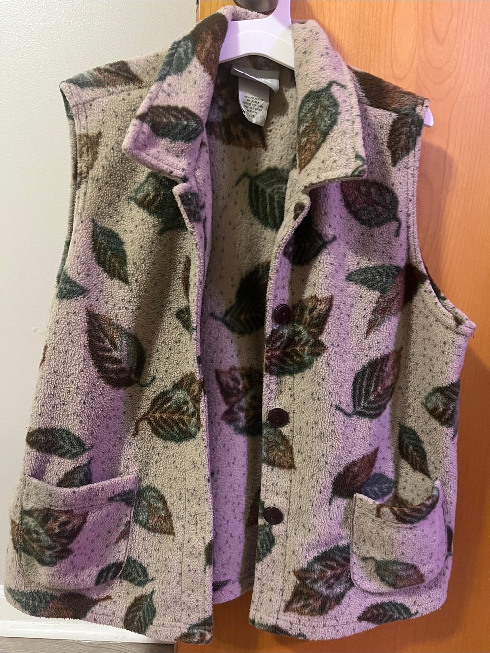 Blair Beige Sherpa Vest with Green and Brown Leaf Print